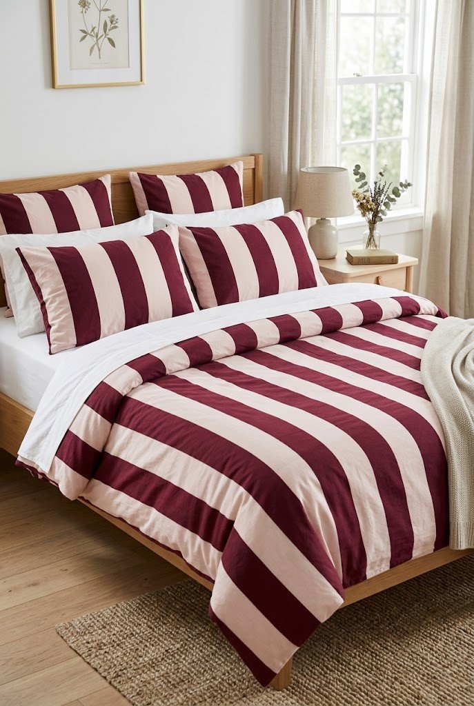 Wide burgundy and blush striped bedding on a bright bed