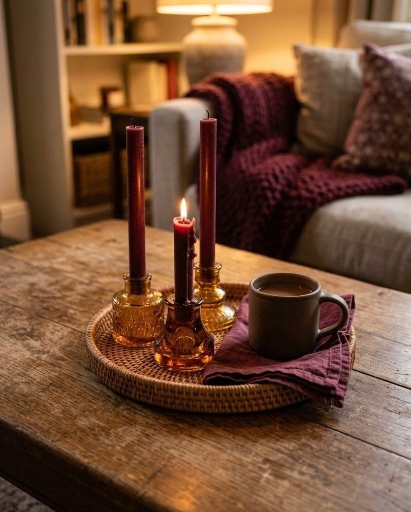 Three burgundy taper candles in amber glass holders on a coffee table tray