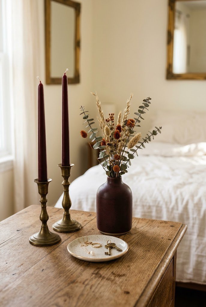 Oxblood candles and burgundy ceramic vase styled on a bedroom dresser