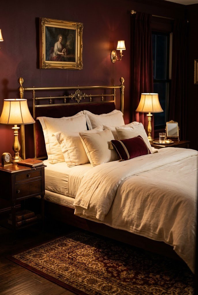 Opulent burgundy bedroom with cream bedding and brass accents