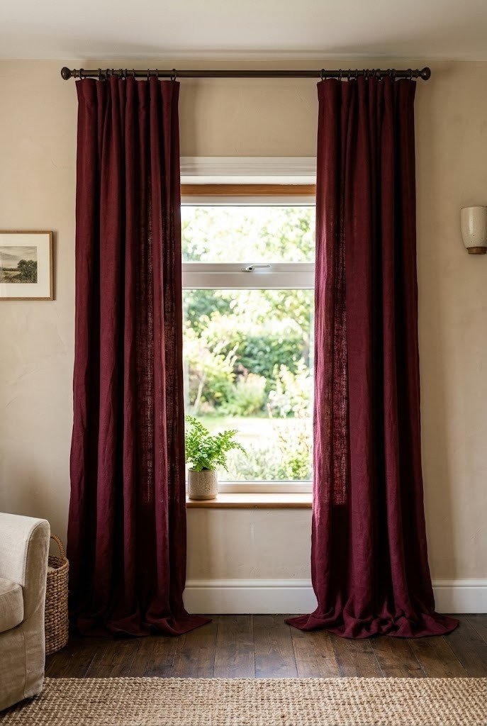 Floor length burgundy curtains hung near the ceiling on a beige wall framing a low window