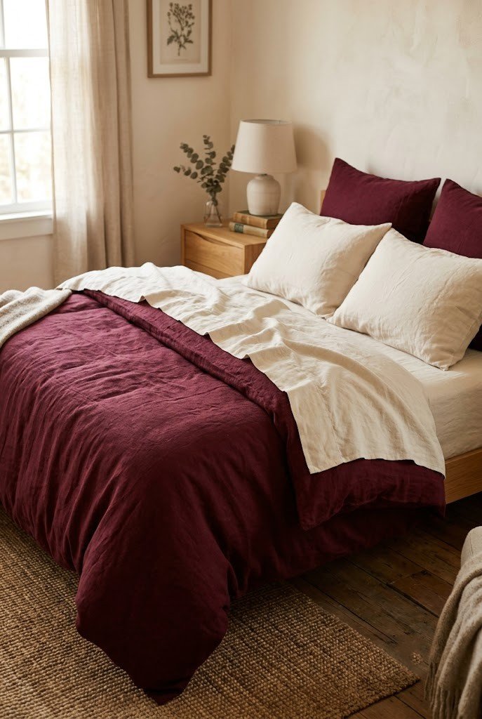 Deep burgundy linen duvet with cream sheets on a cozy bed
