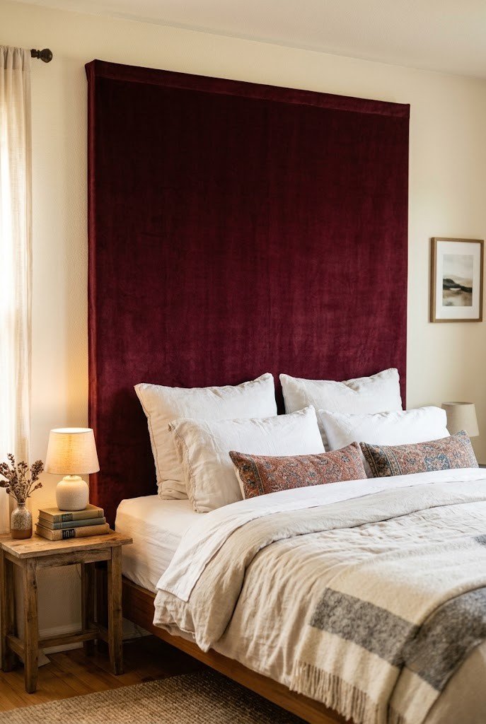 Burgundy velvet fabric panel hung as a faux headboard above a bed
