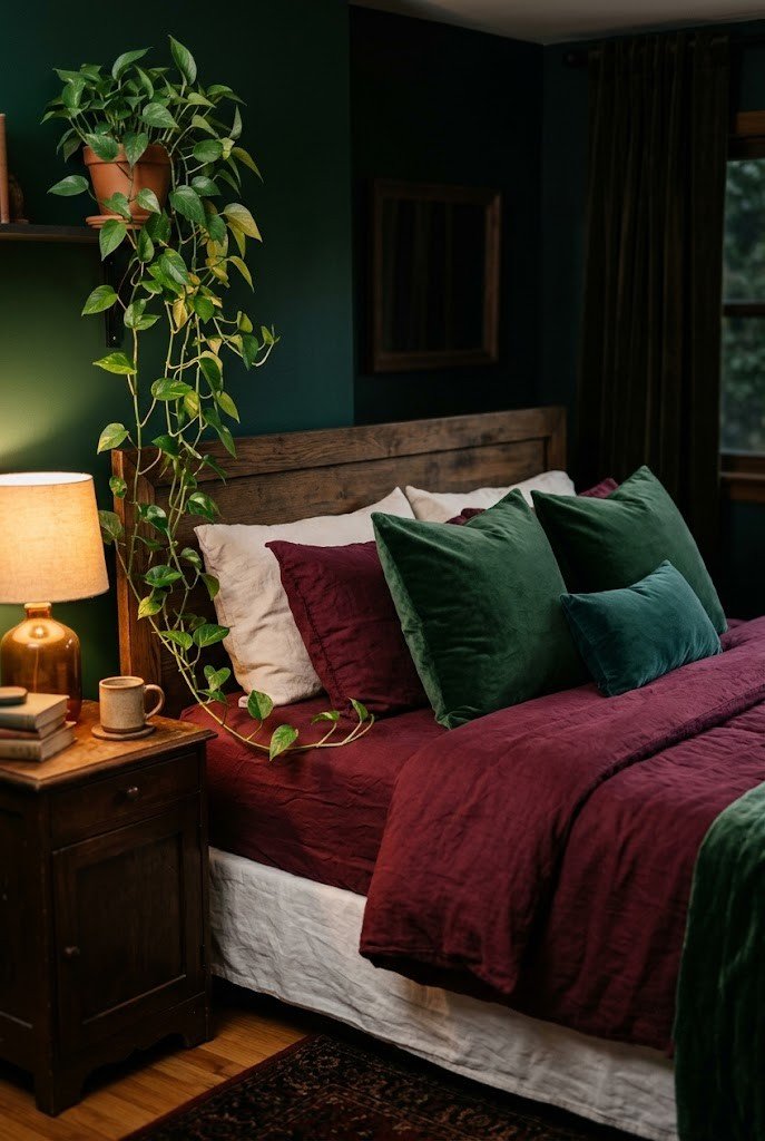 Burgundy bedding paired with forest-green velvet cushions and a trailing plant