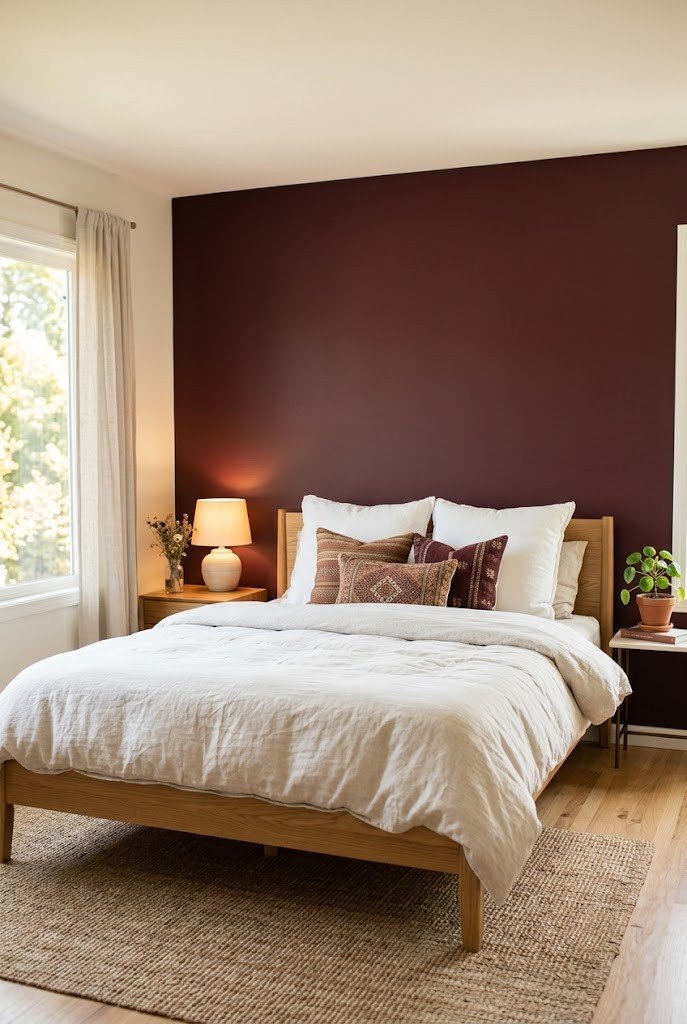 Bedroom color-drenched in deep burgundy across walls, trim, and ceiling