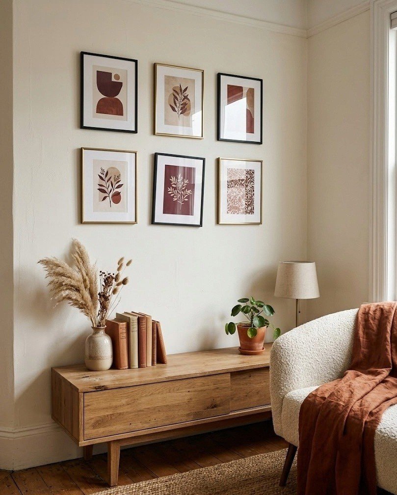 Six thin-framed burgundy, rust and cream prints in a gallery wall above a low console