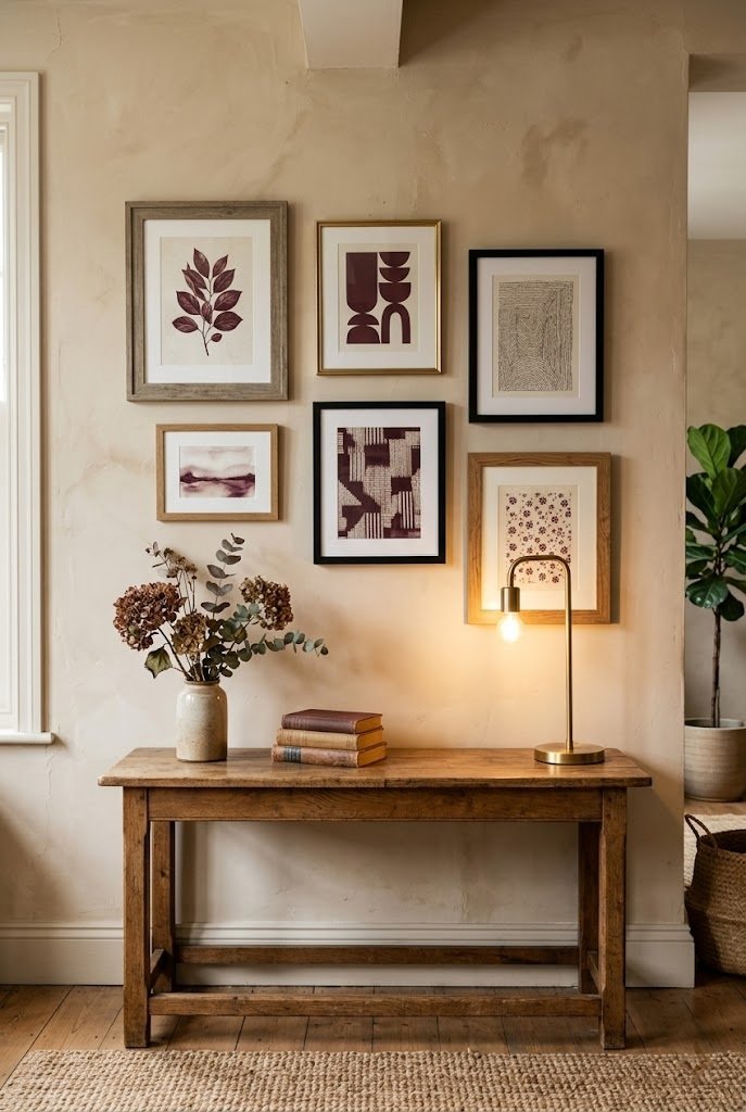 Small gallery wall of framed burgundy and cream art prints on a beige wall hung with damage-free strips
