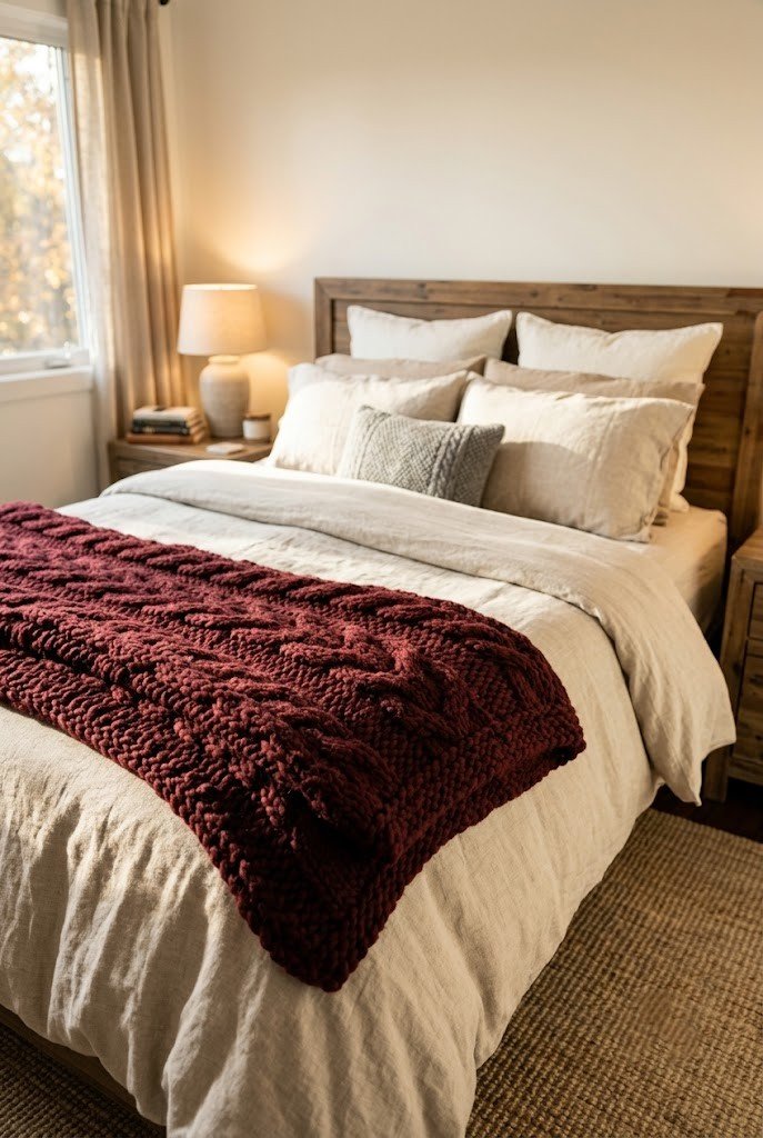 Chunky burgundy knit throw folded at the foot of a neutral bed