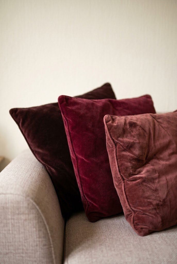 Three velvet cushions on a sofa arm in burgundy, maroon, and oxblood shown close up