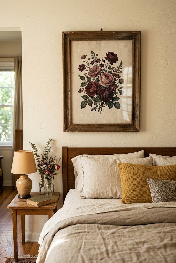 Moody oxblood floral art print framed above a bed