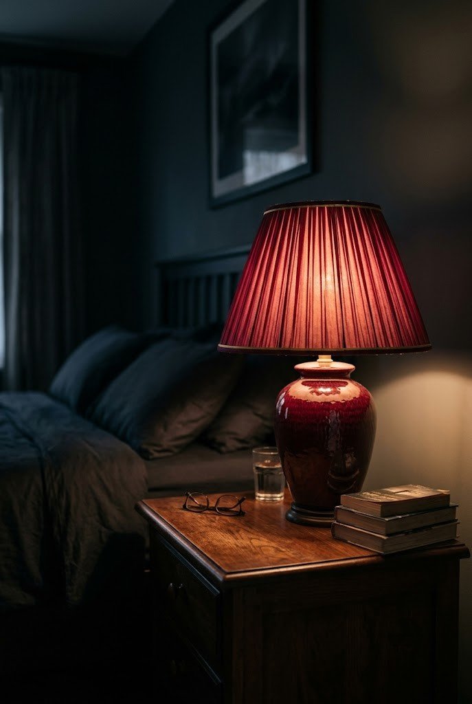 Burgundy ceramic table lamp glowing warm on a bedroom nightstand