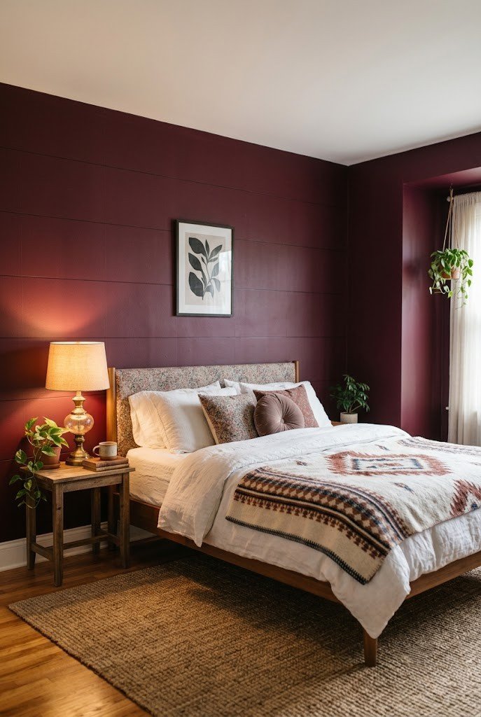Single matte burgundy painted accent wall behind a bed