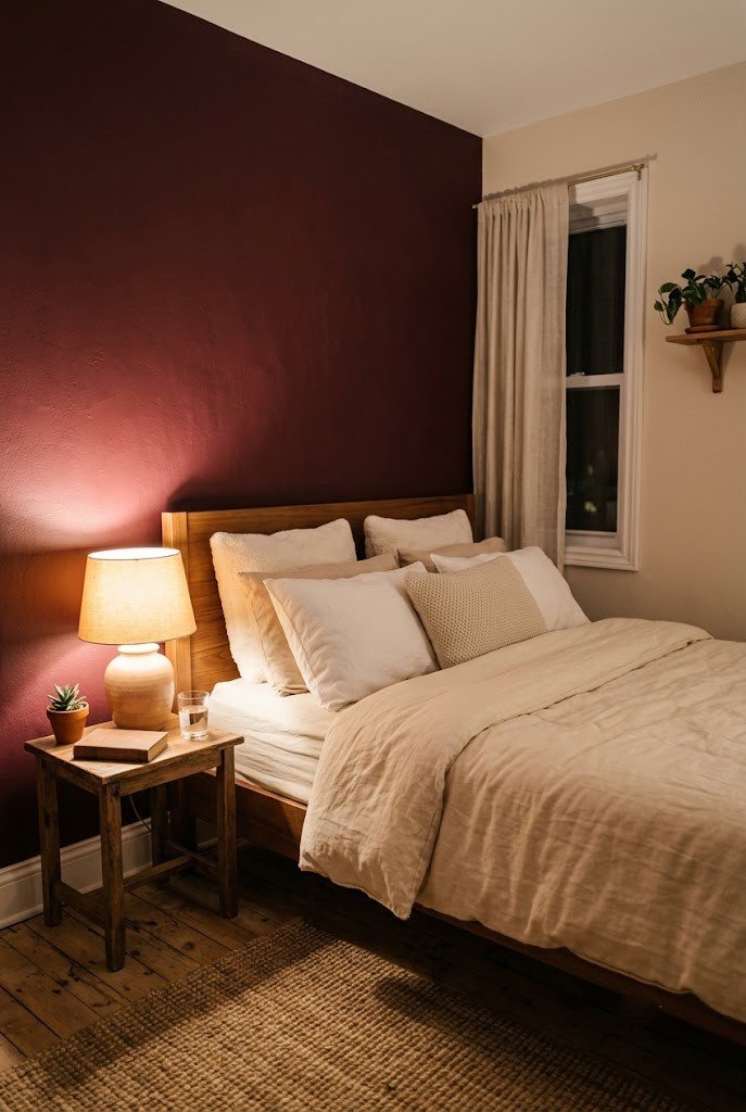 Small bedroom with a matte burgundy wall and warm lighting feeling cozy not cramped