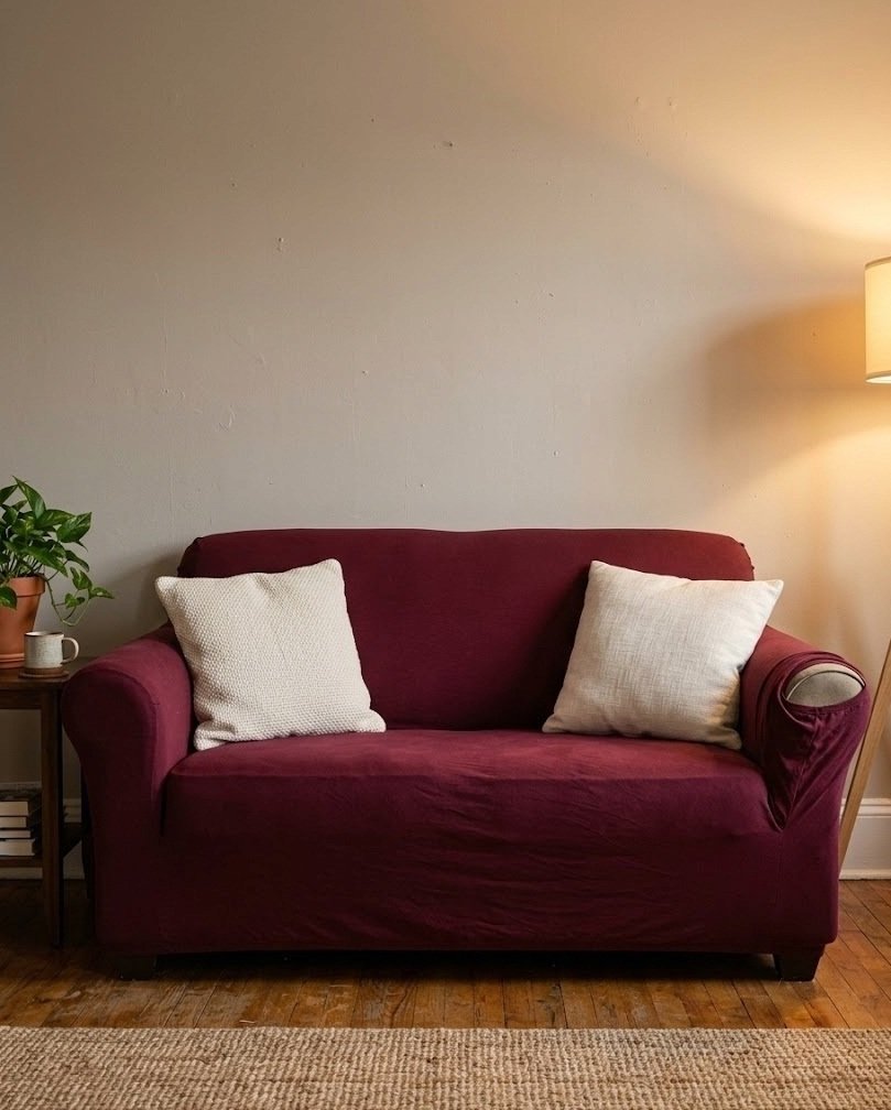 Two-seater apartment sofa covered in a fitted burgundy stretch slipcover with cream pillows