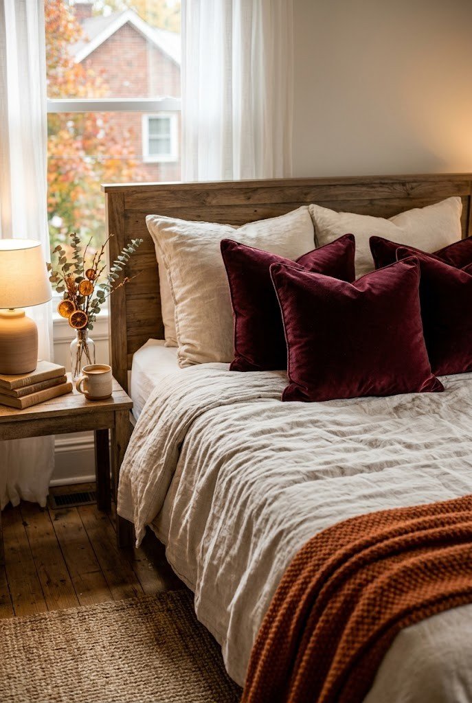 Burgundy velvet throw pillows layered on neutral cream bedding in a cozy bedroom