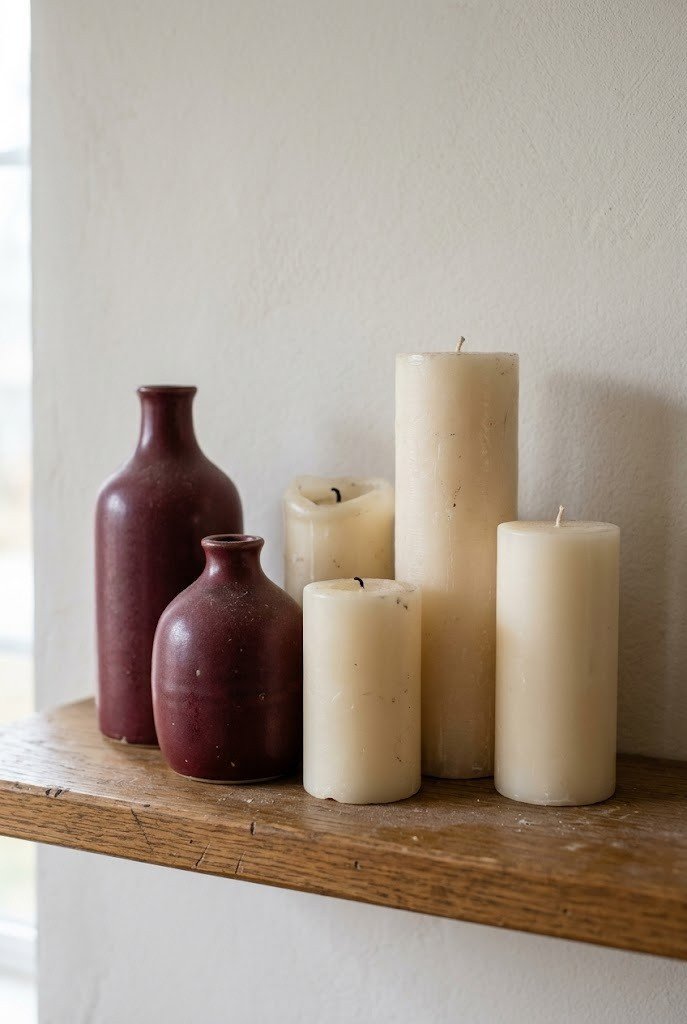 Burgundy ceramic vases and unlit pillar candles grouped on a shelf