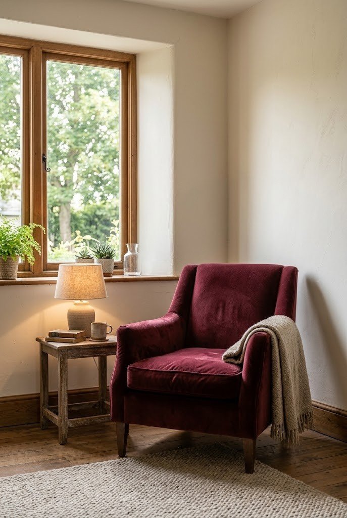 Single burgundy velvet accent chair in the corner of a neutral living room