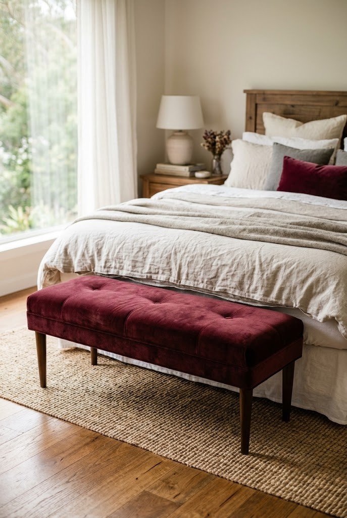 Burgundy velvet bench at the foot of a bed