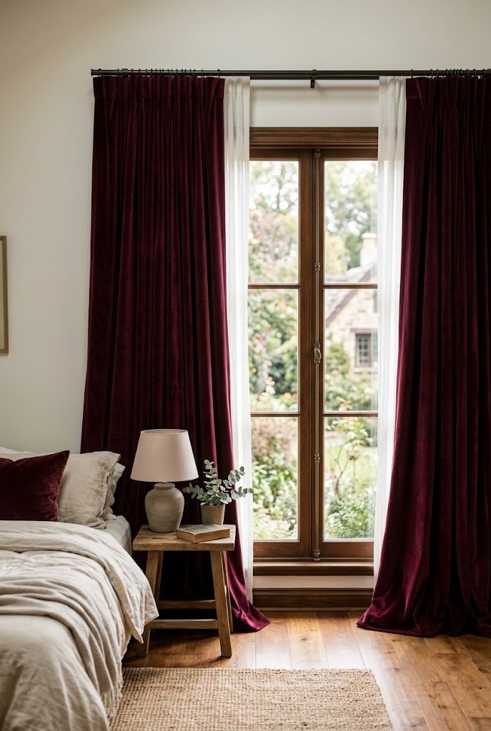 Burgundy velvet floor-to-ceiling curtains in a warm bedroom
