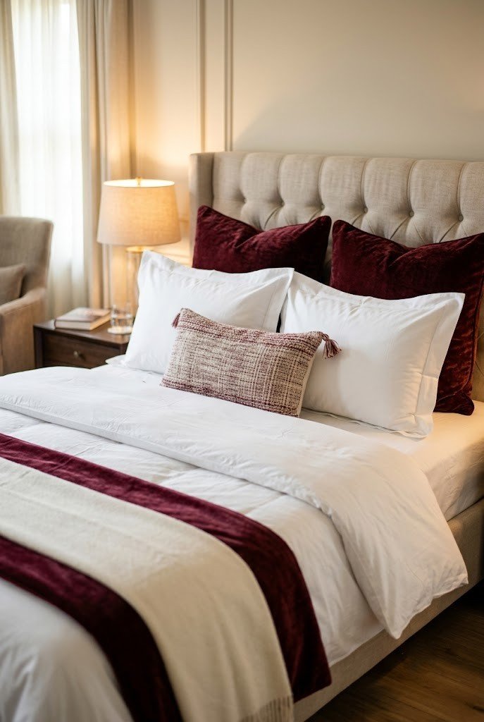 Burgundy velvet euro shams layered hotel-style on a bed