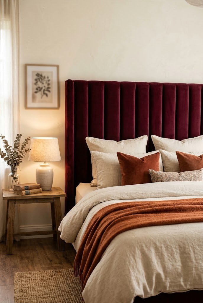 Freestanding burgundy velvet upholstered headboard leaning behind a bed