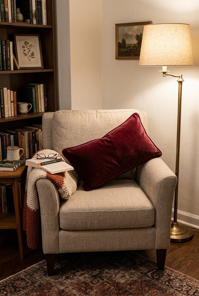 Burgundy velvet lumbar pillow with a soft sheen on an armchair