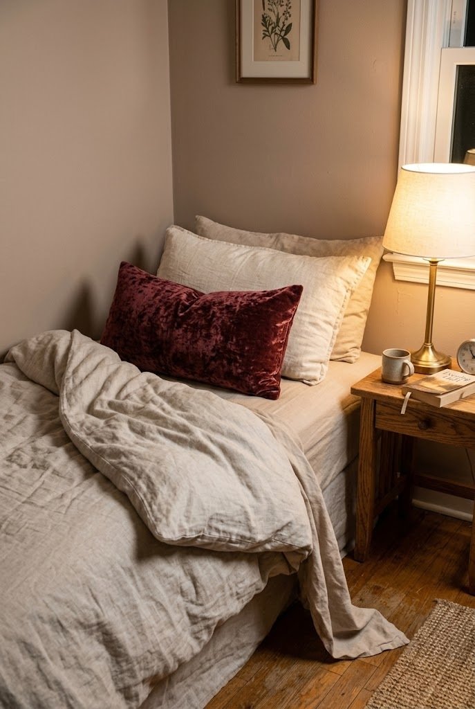 Burgundy velvet lumbar pillow on a cream linen bed in a small bedroom