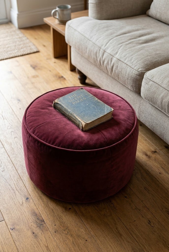 Round burgundy velvet pouf on a wood floor beside a sofa