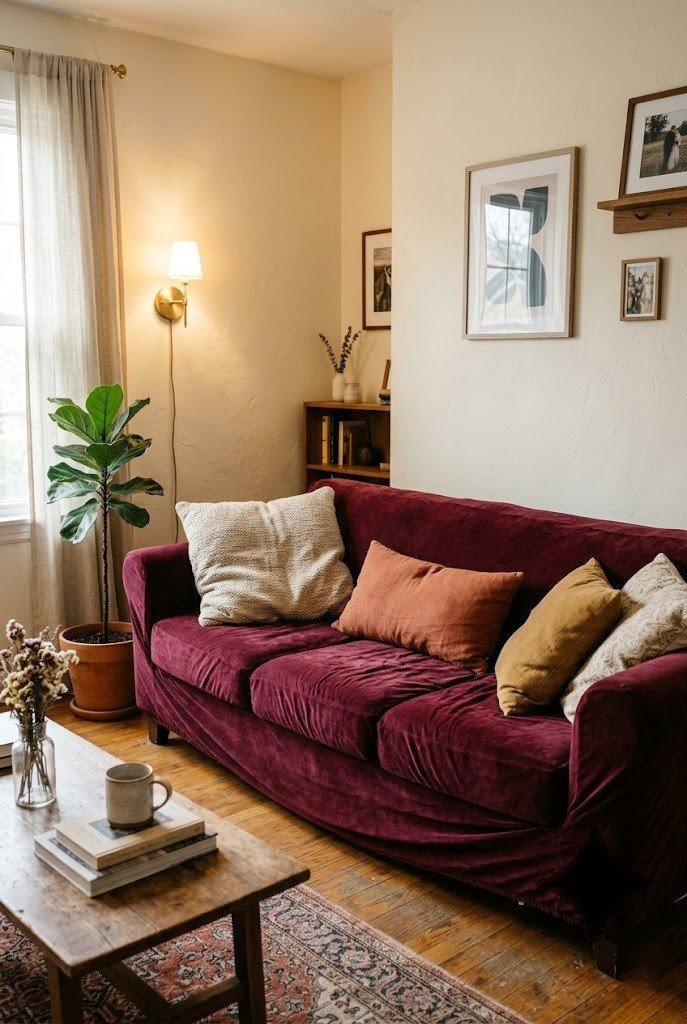 Burgundy velvet slipcover on a rental sofa with cream and rust throw pillows in a small living room