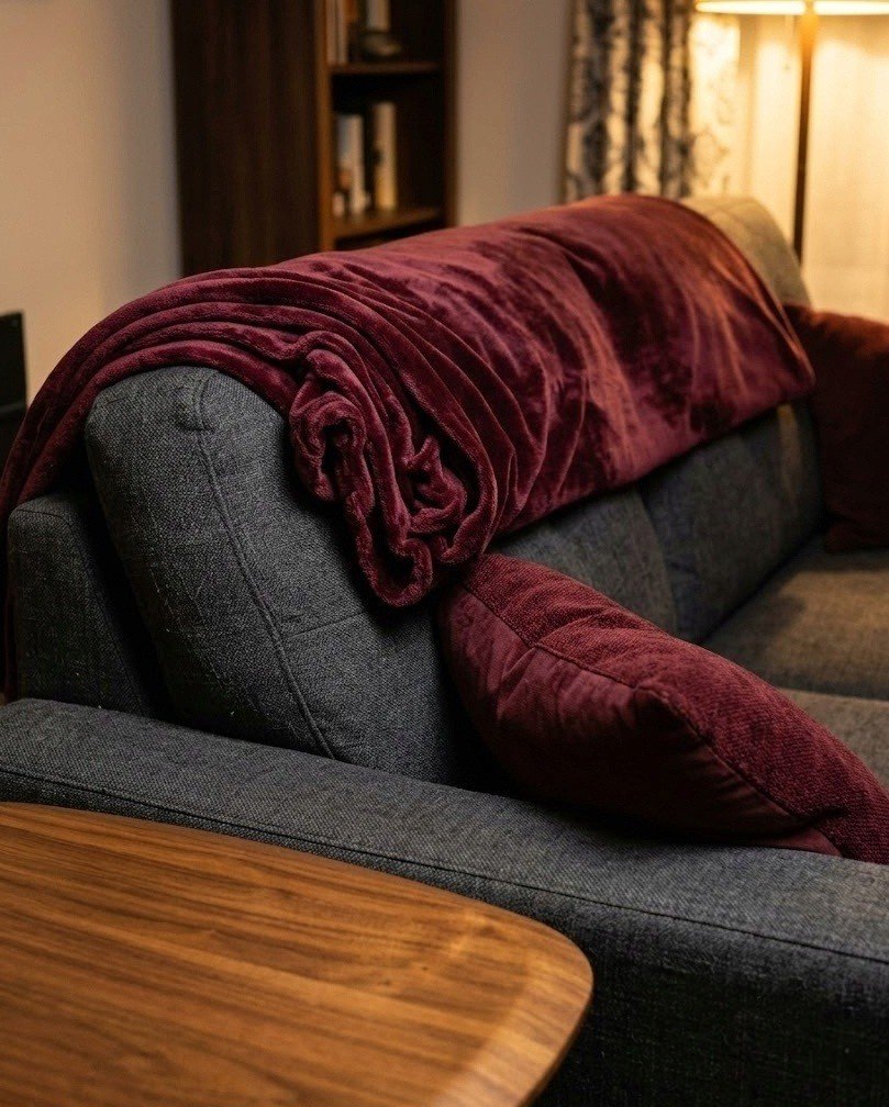 Deep burgundy velvet throw draped over a charcoal sofa with a matching lumbar pillow