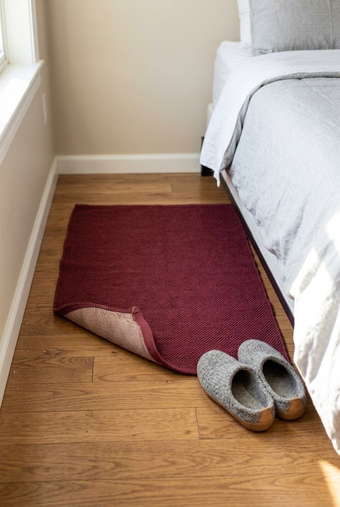 Small burgundy washable rug beside a bed on wood flooring