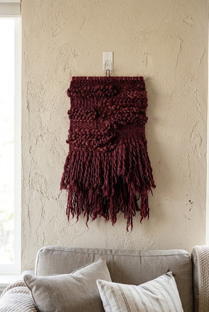 Woven burgundy wall hanging on a textured beige wall held by a single adhesive hook