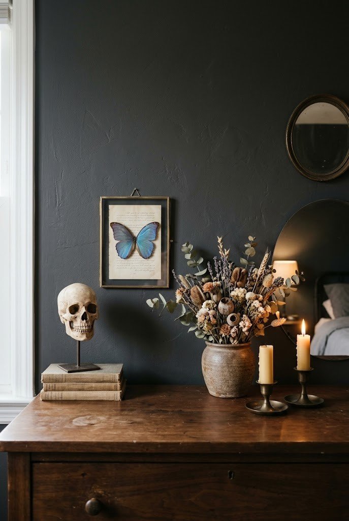 Dresser vignette with a pale skull bust, framed faux butterfly, dried flowers, and candles