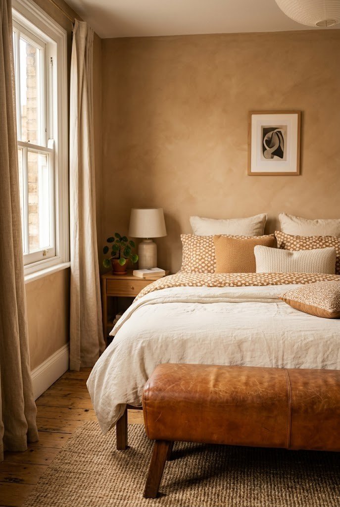 Small camel bedroom with a cognac leather bench and warm bedding