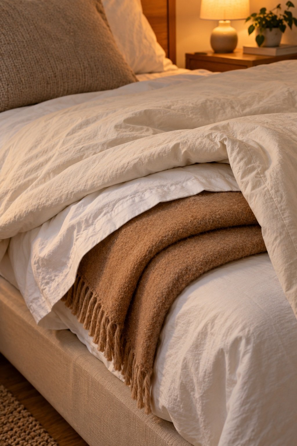 Camel wool blanket layered between a white sheet and a cream duvet