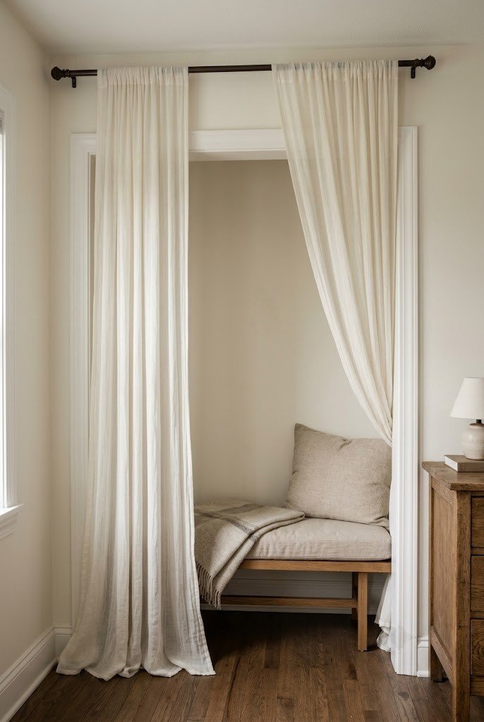 Gauzy ivory fabric panels on a ceiling rod forming a canopy over a closet alcove reading bench