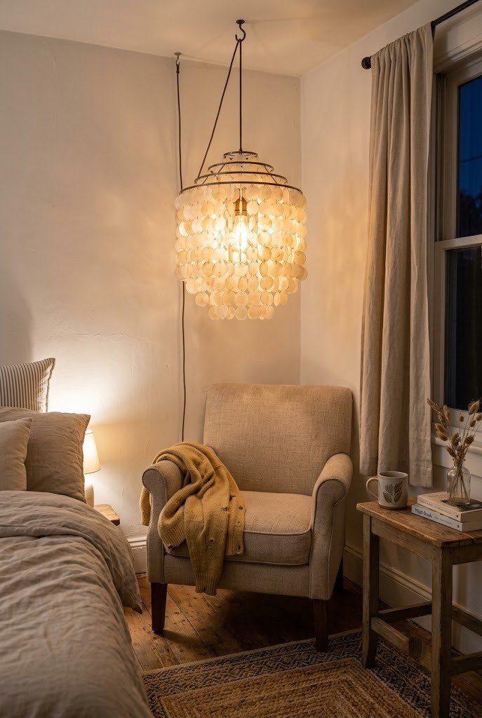 Capiz shell pendant shade made of overlapping mother of pearl discs in a small bedroom corner