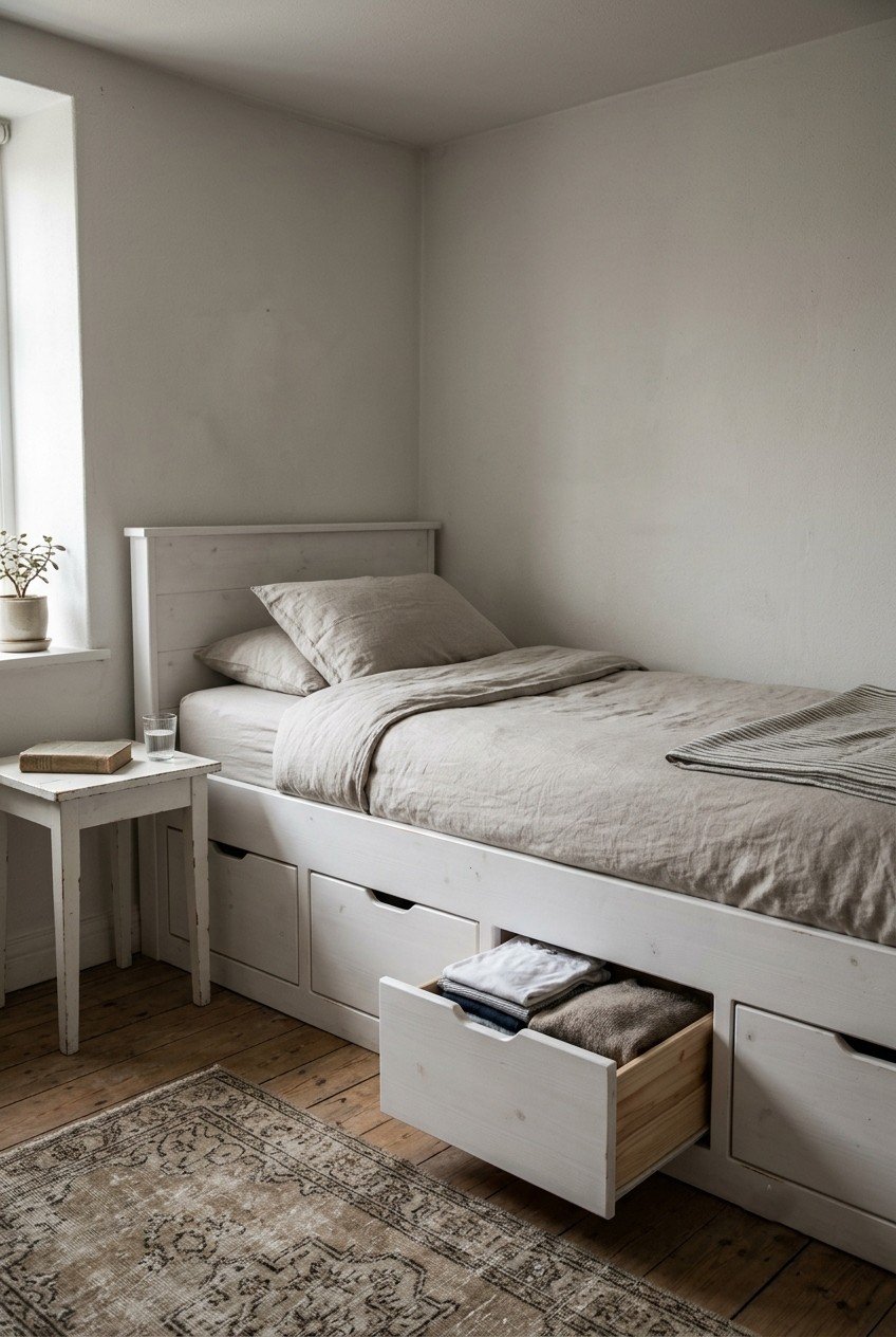 White twin captain's bed with four deep storage drawers in the base in a small bedroom