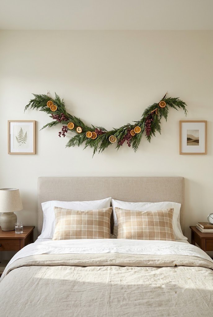 Cedar garland with dried orange slices hung above a bed in a small bedroom