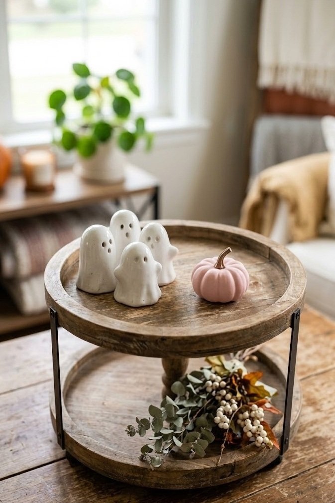 Trio of ceramic ghost figurines on a tiered tray for cute renter Halloween decor