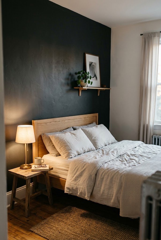Charcoal accent wall with a warm undertone behind the bed in a small bedroom