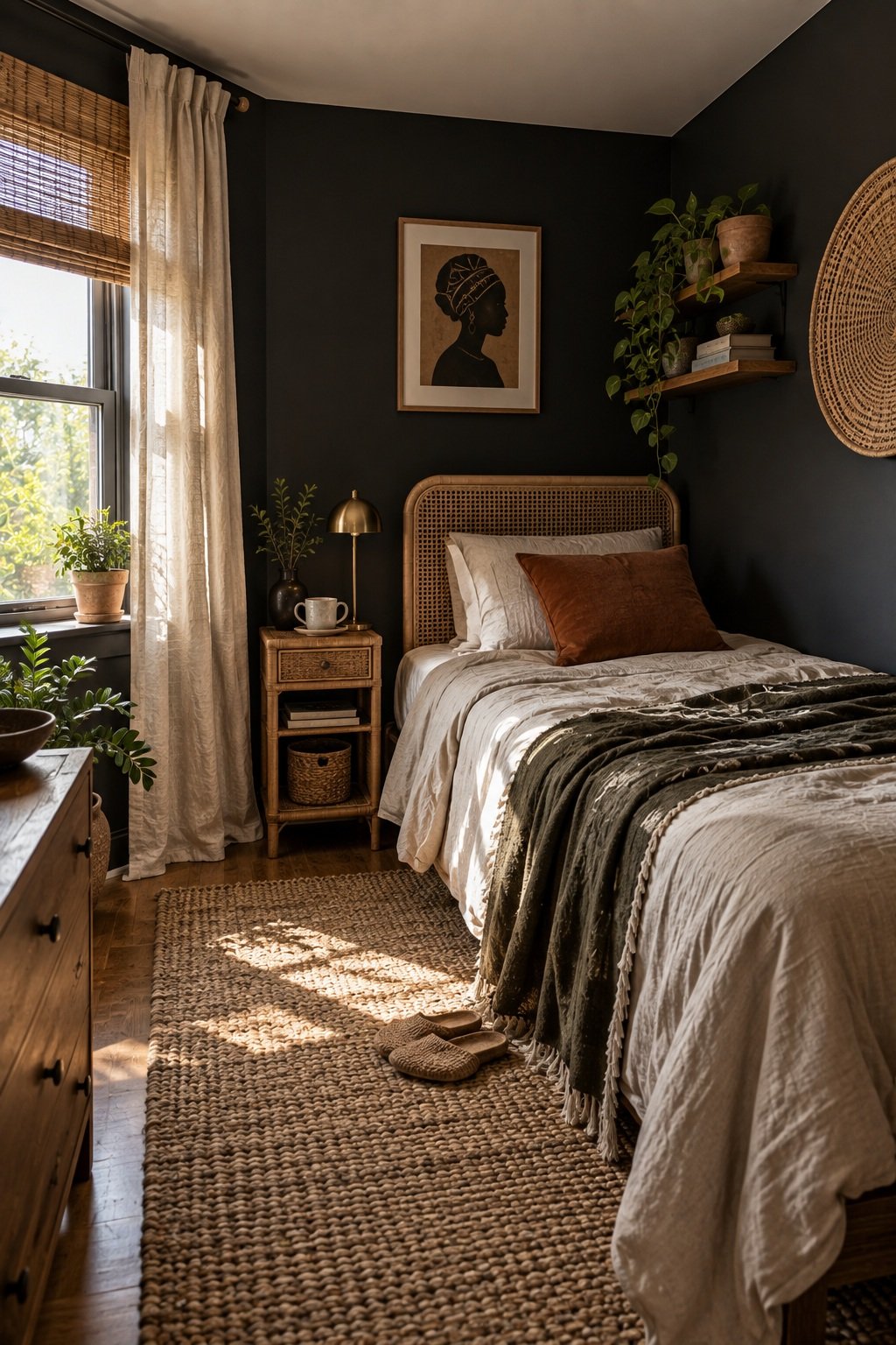 Small bedroom with soft charcoal black walls, a rust throw pillow and a narrow rattan nightstand