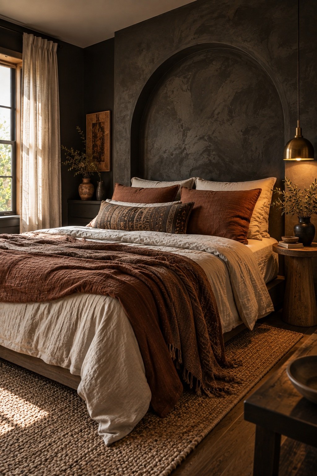 Charcoal clay plaster wall with a troweled arch behind a bed with rust linen pillows