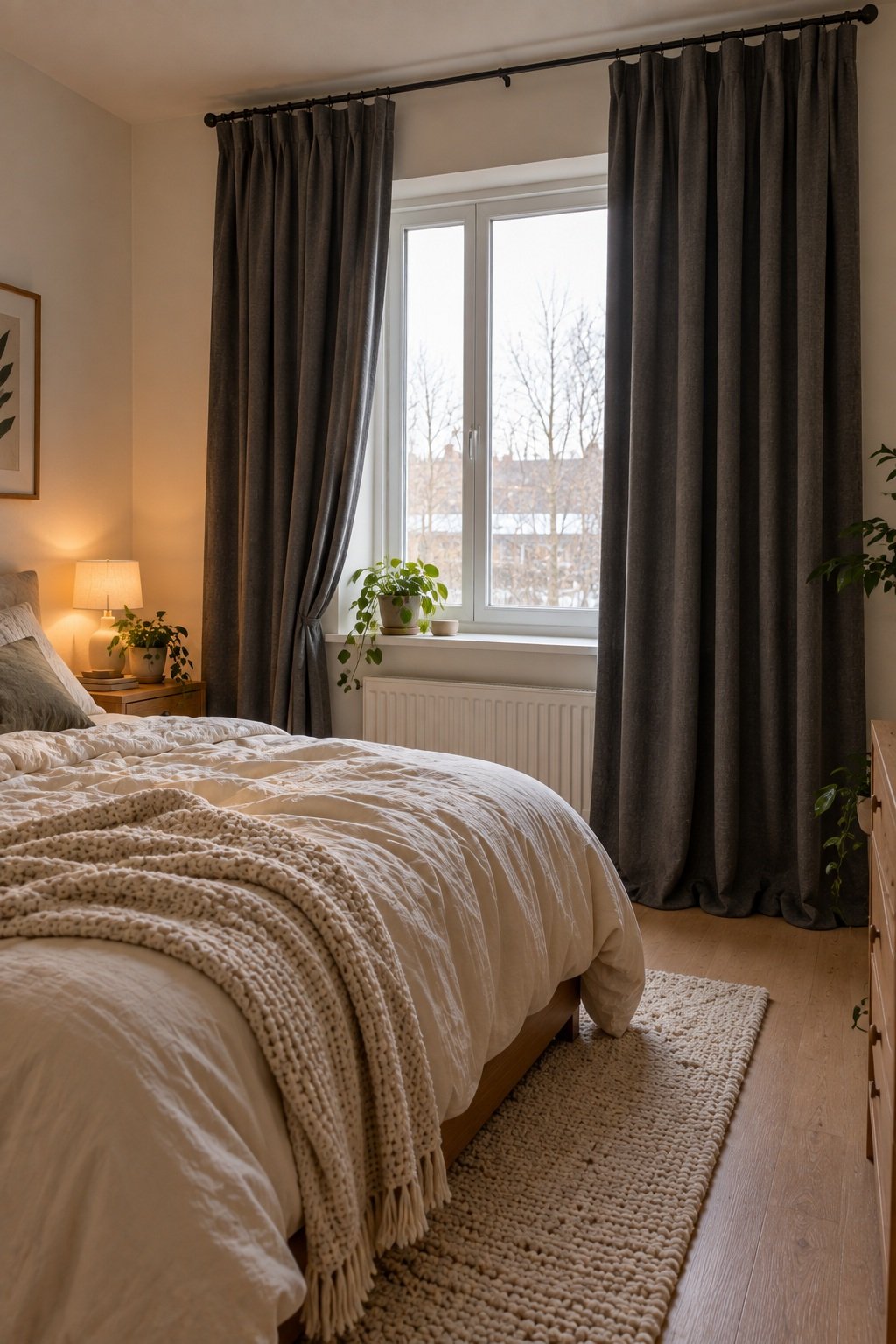 Charcoal gray thermal curtains hung high and wide in a small bedroom