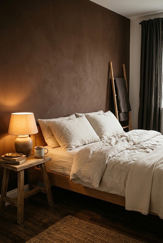 Moody bedroom with a warm chocolate-brown accent wall and cream bedding