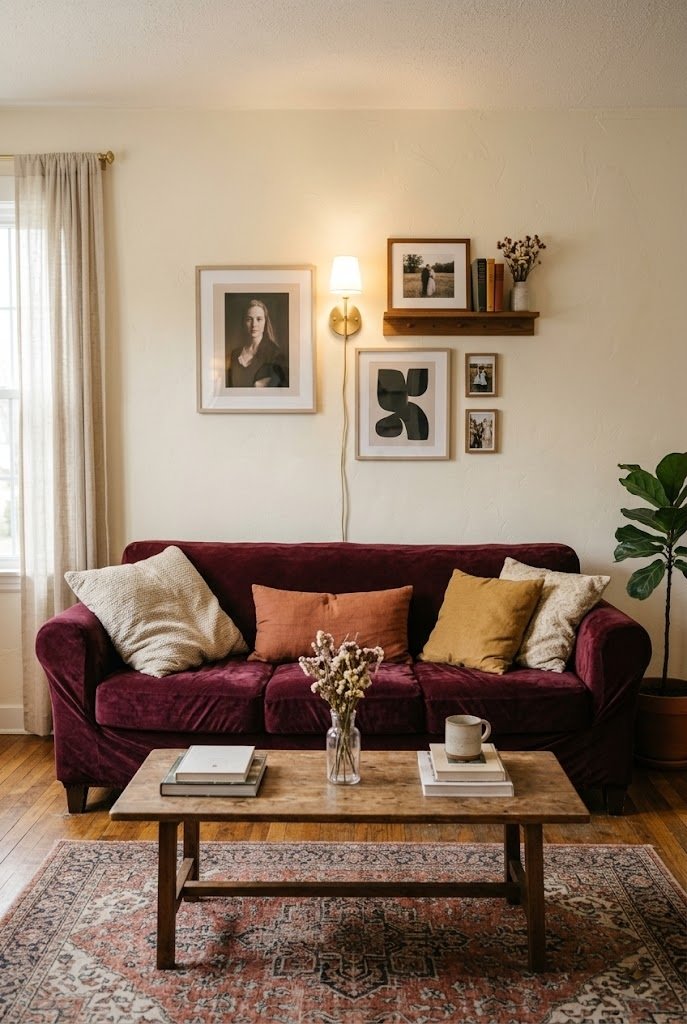 Chunky burgundy knit throw draped over the back of a sofa