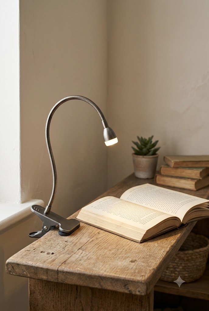 Warm clip on reading light clamped to a wooden shelf edge