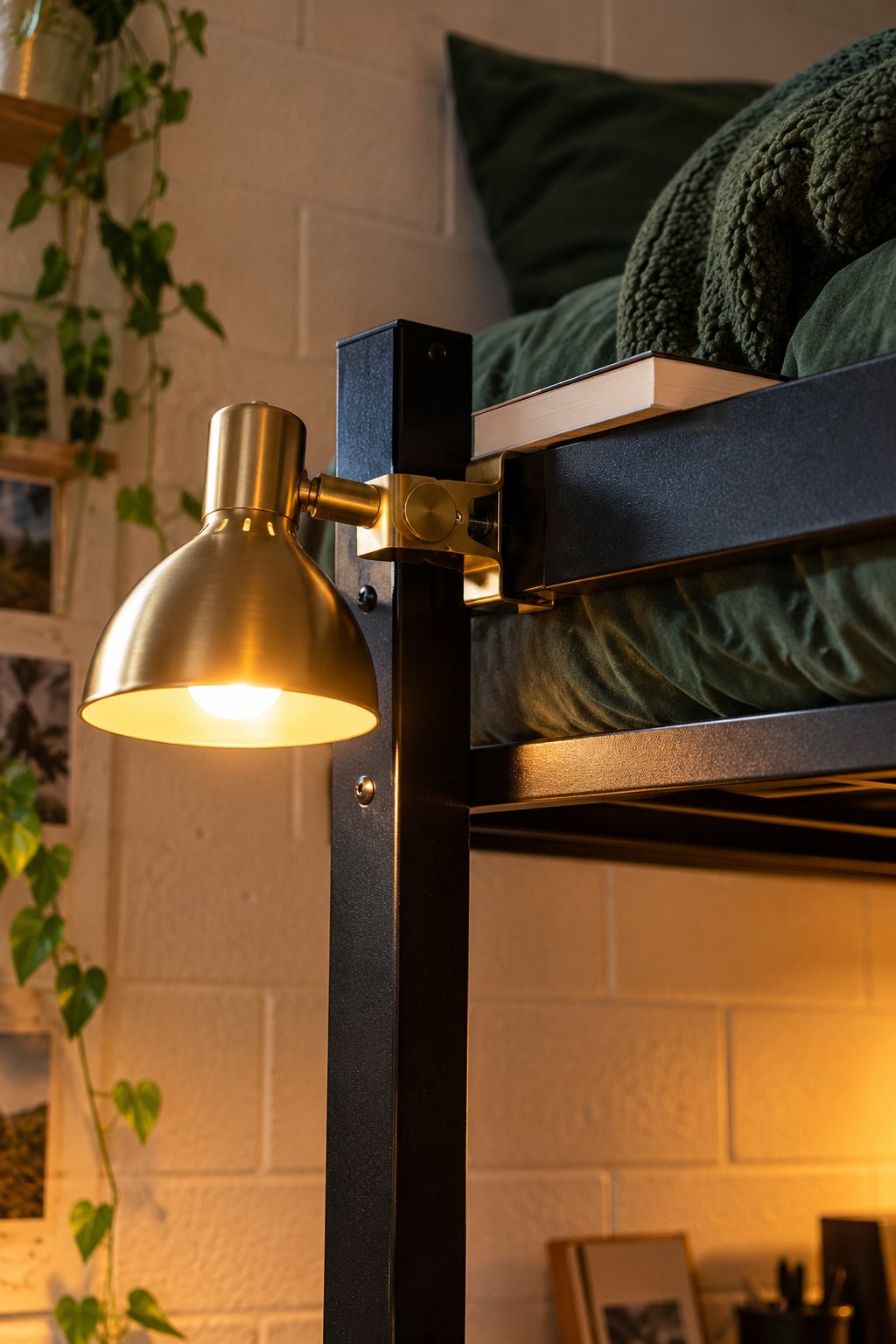 Brass rechargeable clip-on sconce clamped to a black metal loft bed frame