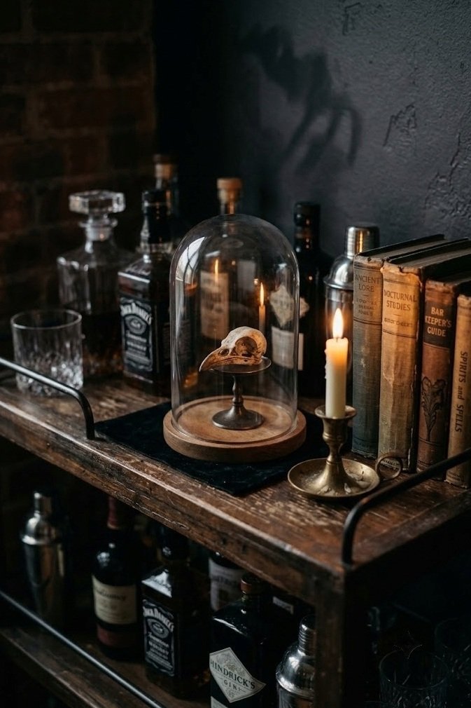 Glass cloche over a skull on a bar cart for dark-academia renter Halloween decor