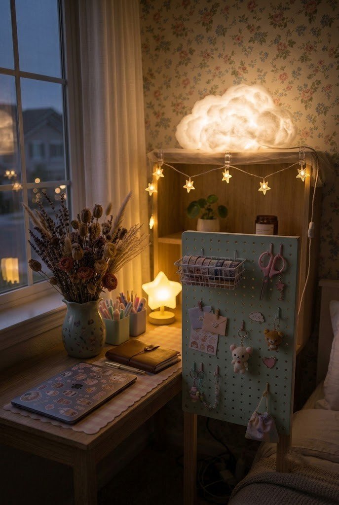 Cloud light and star string glowing over a small kawaii desk